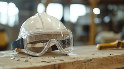 Safety gear on a woodwork table in a construction site during daylight hours