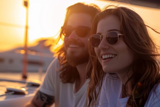 Beautiful young wealthy woman and her boyfriend are on a yacht, both wearing sunglasses and smiling at sunset. Summer holiday destination. Coastal Mediterranean scene - Powered by Adobe