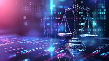 Balance scale in digital environment image copy space. Legal ways to protect personal data on internet banner background blurred. Justice online concept photography copyspace