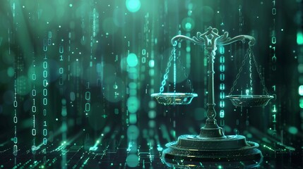 Balance scales and binary code composition image copy space. Cybersecurity legal regulation process banner background blurred. Internet judgment laws concept photography copyspace