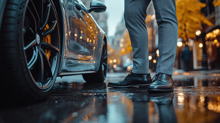 Close-up of a man in formal shoes standing by a luxury sports car, reflections on a wet city street, urban night scene, elegant style, business