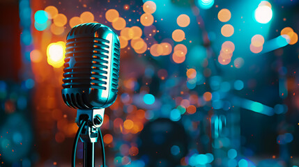 Closeup of retro microphone on stage with a bokeh light backdrop. Karaoke or concert concept.