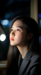 A young woman with long dark hair sits in a café, deeply focused on her thoughts. The warm lighting highlights her pensive expression, creating a calm atmosphere in the evening