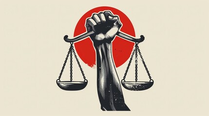 Balance scales in raised fist background image. Social protest for human rights 2d illustration wallpaper picture backdrop. Justice system concept for business presentation corporate