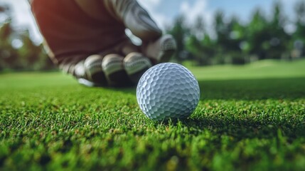 Golf ball on green grass in front of a golfer, focus on ball, blurry player in the background, outdoor sports, nature, golf game preparation, sunny day, athlete