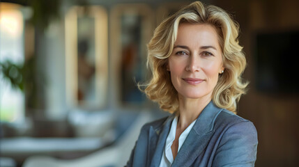 Closeup portrait, mature professional, beautiful confident woman wearing a power suit, friendly personality, smiling isolated indoors office background. Positive human emotions.