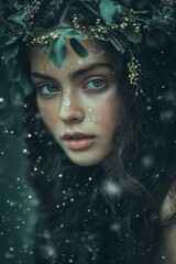 A mystical girl adorned with leaf headpiece and glimmering face paint, surrounded by a magical forest ambiance.