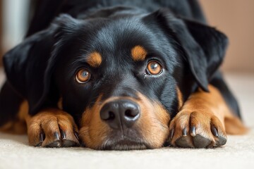 Fototapeta premium A charming Rottweiler dog comfortably lounging indoors, looking at the camera with playful and engaging attention.