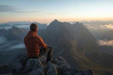 Fototapeta premium A person sits on a mountain peak, taking in a serene panorama at sunrise, surrounded by distant peaks.