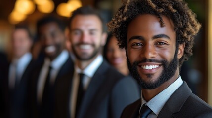 Group of Smiling Business Professionals Posing Together at a Corporate Event in a Modern Office Setting During the Afternoon