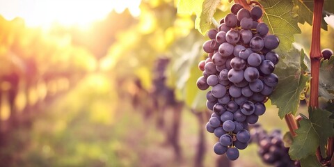 A vineyard basks in golden sunlight, showcasing ripe purple grape clusters ready for harvest in...