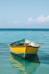 Naklejka premium A single yellow boat sits peacefully on a clear ocean with a tranquil blue sky, evoking a sense of serenity.