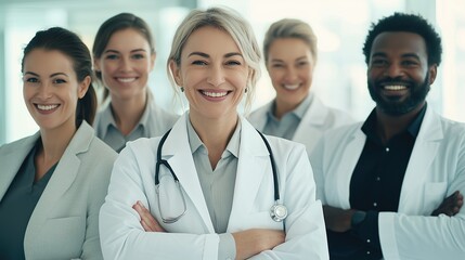Fototapeta premium A Diverse Group of Healthcare Professionals Smiling Confidently in a Modern Medical Facility During Daytime Hours