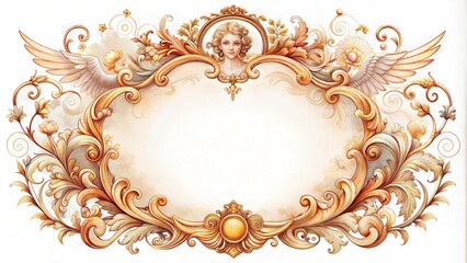 Decorative angel frame adorned with ornate floral designs and elegant details for showcasing messages, copy space for text