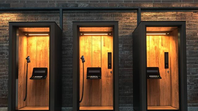 Three vintage-style phone booths with wooden interiors and ambient lighting.