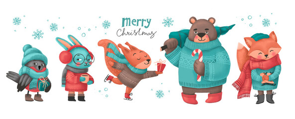 Set of festive winter forest animals: squirrel, bear, bunny, fox, bird. Christmas animals in sweaters and hats. Illustrations for holiday designs.