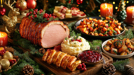 A celebratory spread showcases glazed ham, creamy mashed potatoes, roasted vegetables, and colorful holiday treats amidst seasonal decor