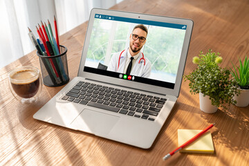 Fototapeta premium Doctor video call online by modish telemedicine software application for virtual meeting with patient
