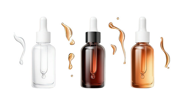 Array of skincare serums showcasing glowing beauty essentials for radiant skin, isolated on transparent PNG background
