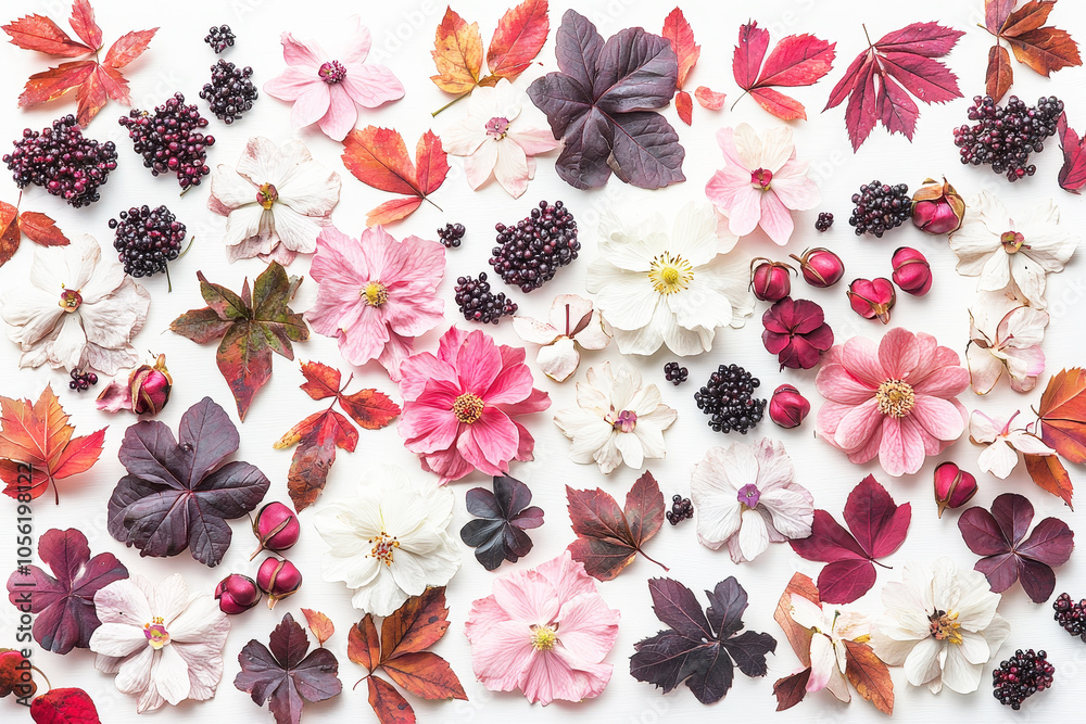 Poster An artistic display features a variety of flowers and leaves in an array of colors, highlighting the essence of fall\'s natural beauty