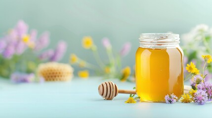 Fresh golden honey in a glass jar, wooden honey dipper, natural honeycomb and wildflowers, soft blue background, vibrant and rustic display, organic and wholesome food concept

