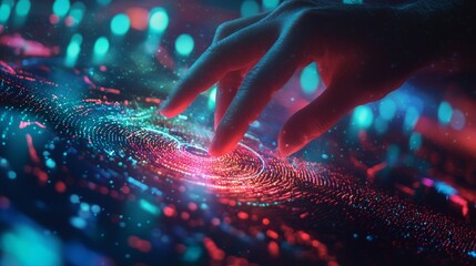 Futuristic interface interaction with glowing digital elements