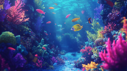 Fototapeta premium Vibrant underwater scene showcases tropical fish among colorful coral reefs, highlighting the beauty and diversity of marine life