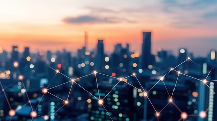 A blurred city skyline at sunset, featuring glowing lights and a digital network overlay, symbolizing urban innovation and connectivity.