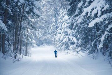 cross-country skier gliding through a serene snowy trail, surrounded by snow-laden pine trees, minimal background with copy space
