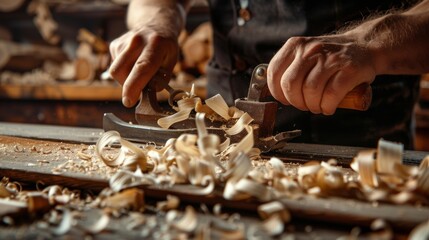 Skilled carpenter using hand plane in workshop, smoothing wood with neat shavings. Captures intricate craftsmanship and labor in woodworking. Workshop filled with sawdust and wood chips