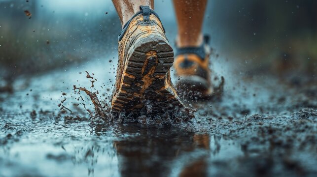 Mud race runner's muddy feet