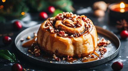 Cinnamon roll topped with chopped hazelnuts, isolated on a silver platter, with caramel sauce and fresh cranberries
