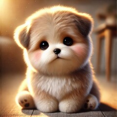 Obraz premium Cute fluffy puppy with big eyes sitting on a wooden floor, illuminated by warm sunlight, creating a heartwarming scene