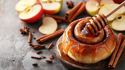 Cinnamon roll with a drizzle of honey, isolated on a matte gray surface, with a few cinnamon sticks and sliced apples