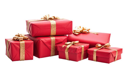 Obraz premium A stack of red boxes with gold bows on top. transparent white background, png element.