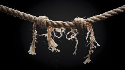 Twisted frayed rope about to snap, soft lighting, black background