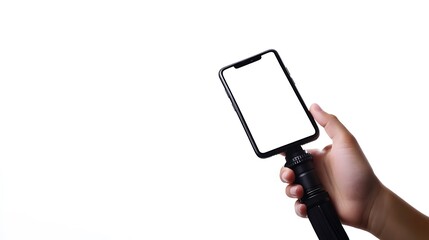 A hand holds a black smartphone with a blank screen.

