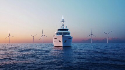 A serene maritime scene featuring a yacht amidst wind turbines against a colorful sunset backdrop over the calm sea.