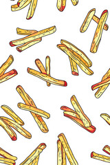 Vertical Seamless pattern with french fries on white background. Hand drawn fries with halftone shadow.