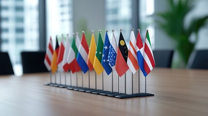 A row of diverse international flags on a wooden conference table, symbolizing global unity and cooperation in a modern office environment.