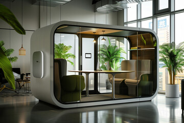 Modern open-plan office with a stylish meeting pod featuring contemporary furniture, glass partitions, and green plants creating a collaborative workspace. Generative AI tools