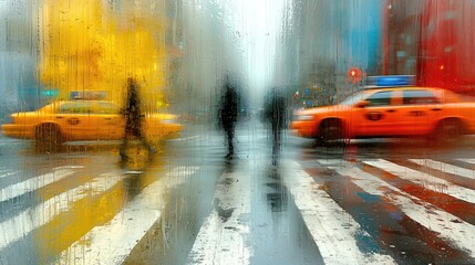 Obraz premium Blurred City Street Scene with Pedestrians in the Rain. Urban lights create a vibrant atmosphere, capturing the essence of a bustling metropolitan life.