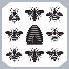 Bee simple logotype icon, Bee silhouette set collection, hand drawn Bee on white background