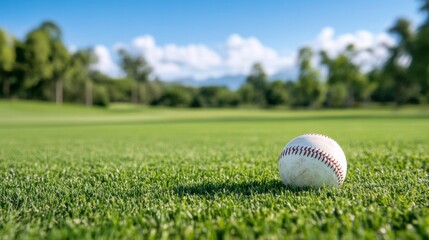 A baseball resting on fresh green grass under a clear blue sky in a sunny outdoor setting