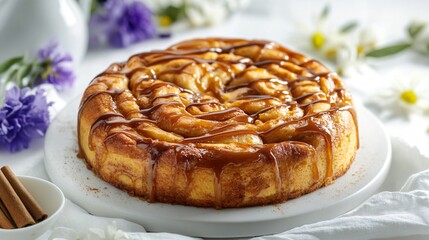 Rich, buttery cinnamon roll with caramel drizzle, isolated on a white linen cloth, with edible flowers and cinnamon