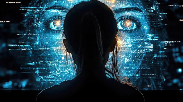 An artist expresses the intersection of technology and self-identity through a captivating visual display featuring digital imagery and emotional depth