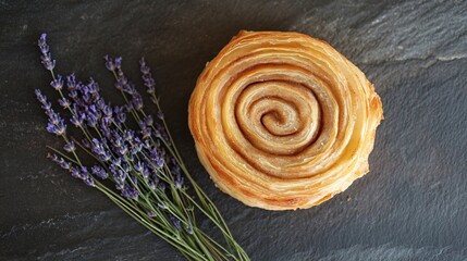 Fototapeta premium Round cinnamon roll with thick, buttery layers, isolated on a smooth slate surface, with a few sprigs of lavender