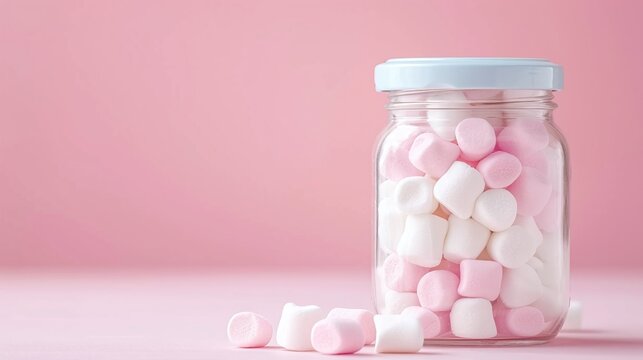 Jar of pink and white mini marshmallows on pink background, sweet treats for desserts, fluffy marshmallows in glass jar, minimalistic design, copy space for text
