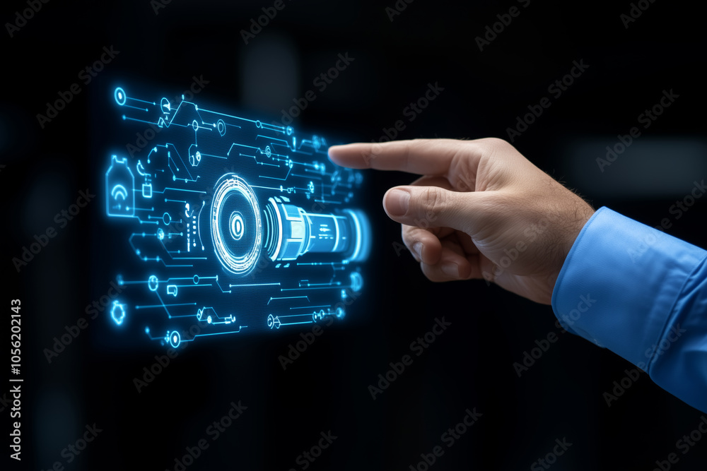 Poster engineer interacting with a futuristic holographic interface