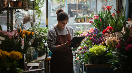 Floral shop employee utilizing a tablet to organize inventory and process orders amidst a lively array of vibrant flowers